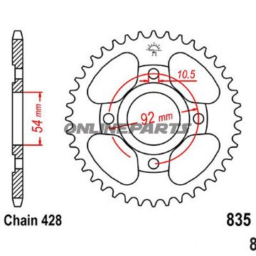 Rear Sprocket 44 Tooth Pitch 428Inner Diameter 054 Bolt Spacing 092