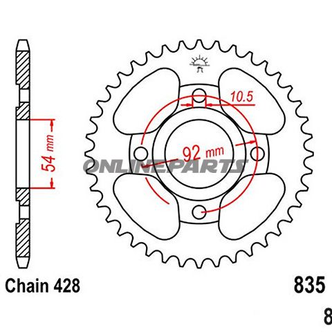 Rear Sprocket 44 Tooth Pitch 428Inner Diameter 054 Bolt Spacing 092