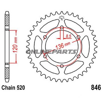 Tandhjul 40Z tænder 520 indvendig diameter 120 hulcirkkel 136