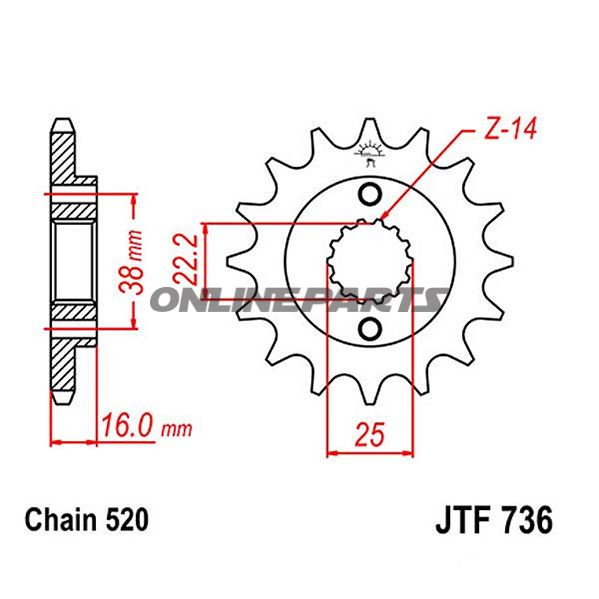 Fortandhjul 14 T, Størrelse 520Narrow Spline 22/25