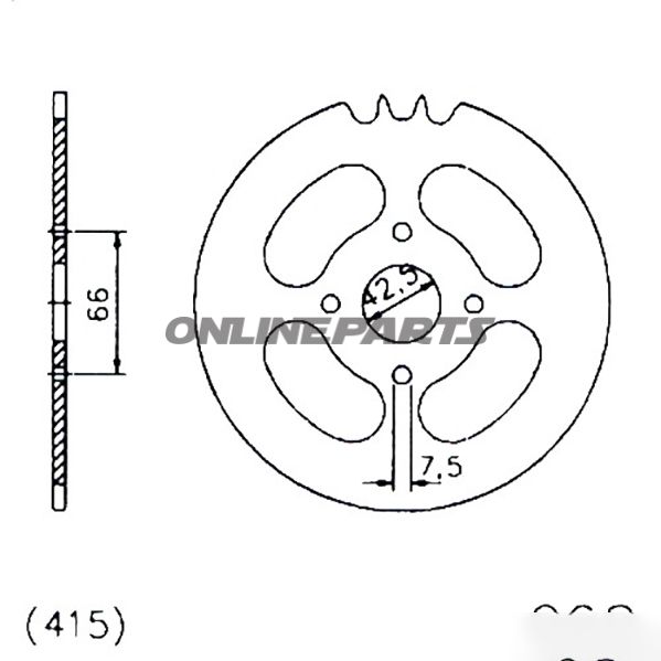 Bagtandhjul 44 T, Størrelse 415Inner Diameter 42.5 Bolt Spacing 066
