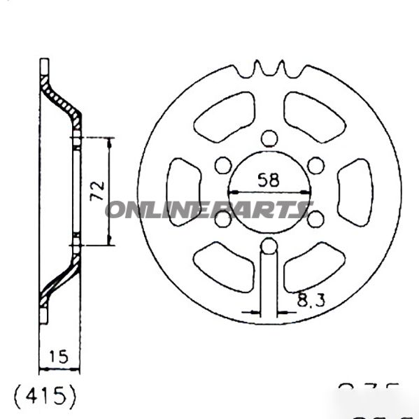 Bagtandhjul 47 T, Størrelse 415Inner Diameter 058 Bolt Spacing 072