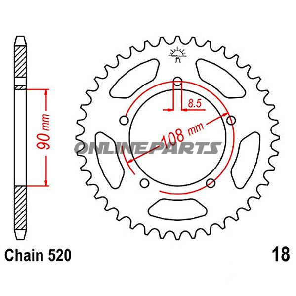 Bagtandhjul 43 T, Størrelse 520Inner Diameter 90 Bolt Spacing 108