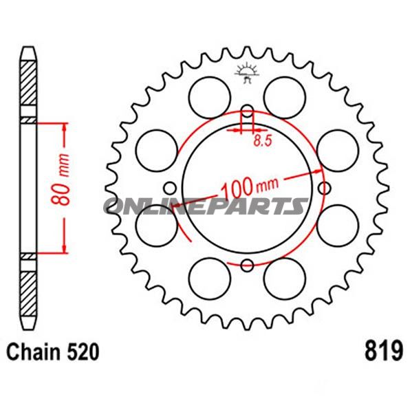 Bagtandhjul 47 T, Størrelse 520Inner Diameter 080 Bolt Spacing 100