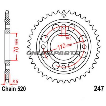 Bagtandhjul 35 T, Størrelse 520Inner Diameter 70 Bolt Spacing 110