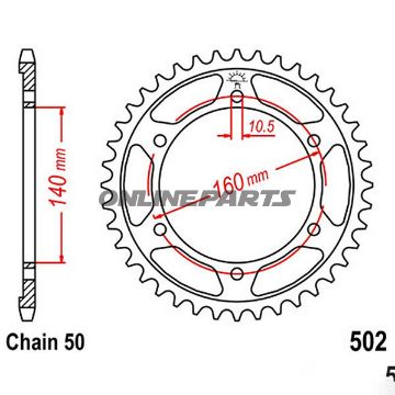 Bagtandhjul 49 T, Størrelse 530Inner Diameter 140 Bolt Spacing 160