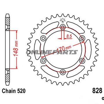 Bagtandhjul 48 T, Størrelse 520Inner Diameter 148 Bolt Spacing 170