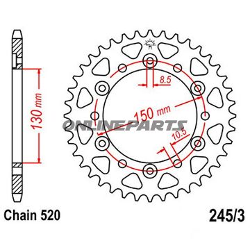 Bagtandhjul 47 T, Størrelse 520Inner Diameter 130 Bolt Spacing 150