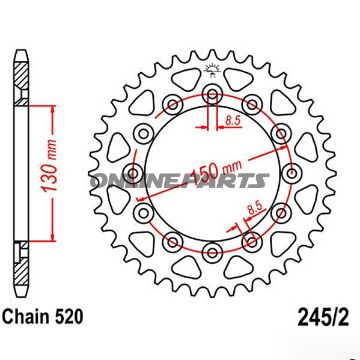 Bagtandhjul 40 T, Størrelse 520Inner Diameter 130 Bolt Spacing 150