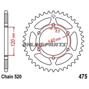 Bagtandhjul 40 T, Størrelse 520Inner Diameter 120 Bolt Spacing 140