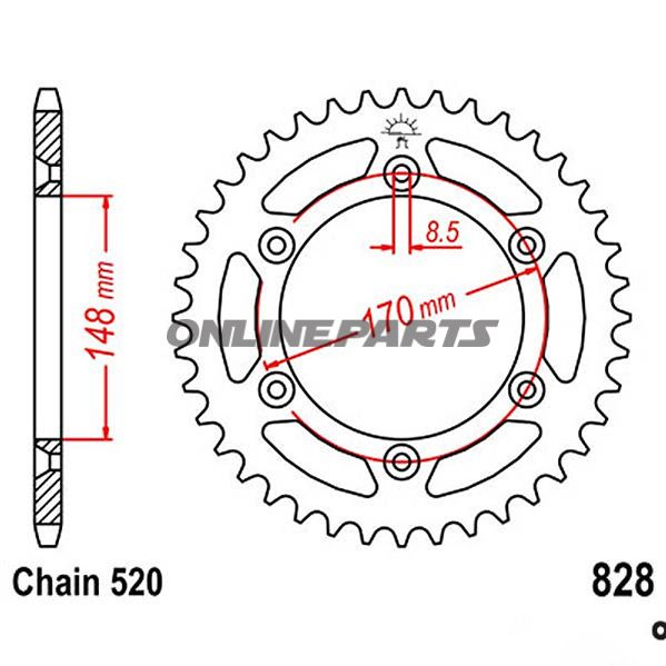 Bagtandhjul 42 T, Størrelse 520Inner Diameter 148 Bolt Spacing 170