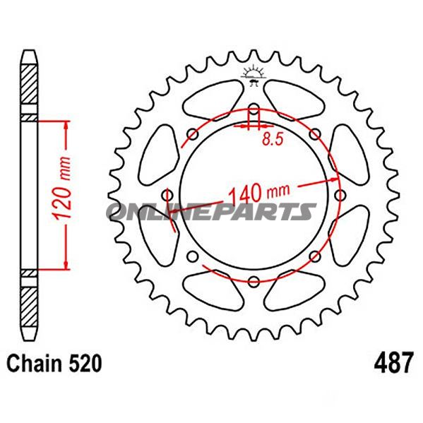 Bagtandhjul 43 T, Størrelse 520Inner Diameter 120 Bolt Spacing 140