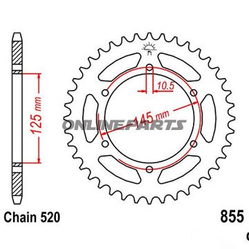 Bagtandhjul 48 T, Størrelse 520Inner Diameter 125 Bolt Spacing 145