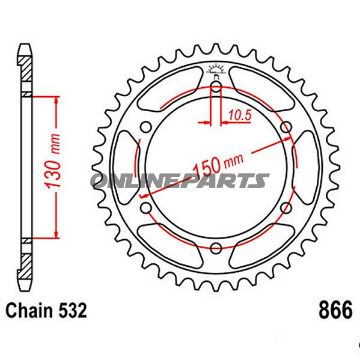 Bagtandhjul 43 T, Størrelse 532Inner Diameter 130 Bolt Spacing 150