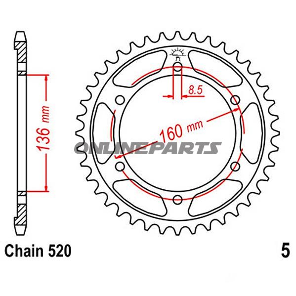 Bagtandhjul 47 T, Størrelse 520Inner Diameter 136 Bolt Spacing 160