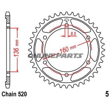 Bagtandhjul 45 T, Størrelse 520Inner Diameter 136 Bolt Spacing 160