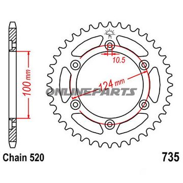 Bagtandhjul 38 T, Størrelse 520Inner Diameter 100 Bolt Spacing 124