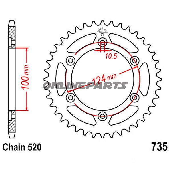 Bagtandhjul 43 T, Størrelse 520Inner Diameter 100 Bolt Spacing 124