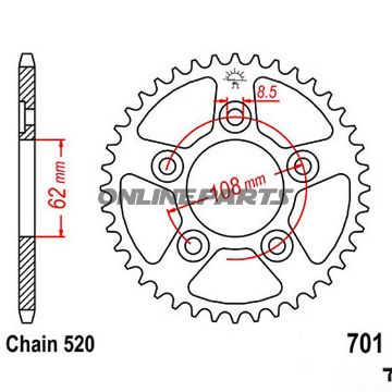 Bagtandhjul 39 T, Størrelse 520Inner Diameter 62 Bolt Spacing 108