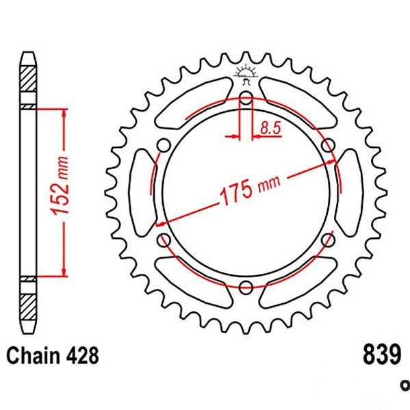Bagtandhjul 57 T, Størrelse 428Inner Diameter 152 Bolt Spacing 175