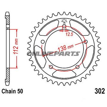 Bagtandhjul 44 T, Størrelse 530Inner Diameter 112 Bolt Spacing 138