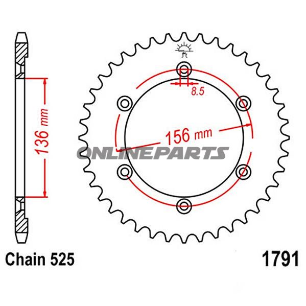 Bagtandhjul 43 T, Størrelse 525Inner Diameter 136 Bolt Spacing 156