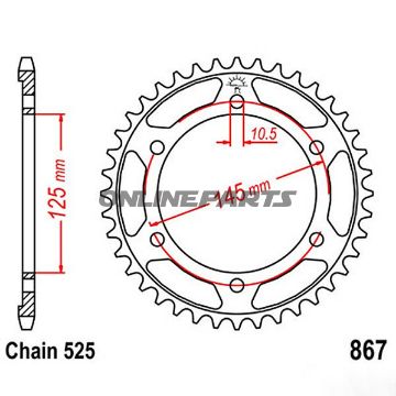 Bagtandhjul 43 T, Størrelse 525Inner Diameter 125 Bolt Spacing 145