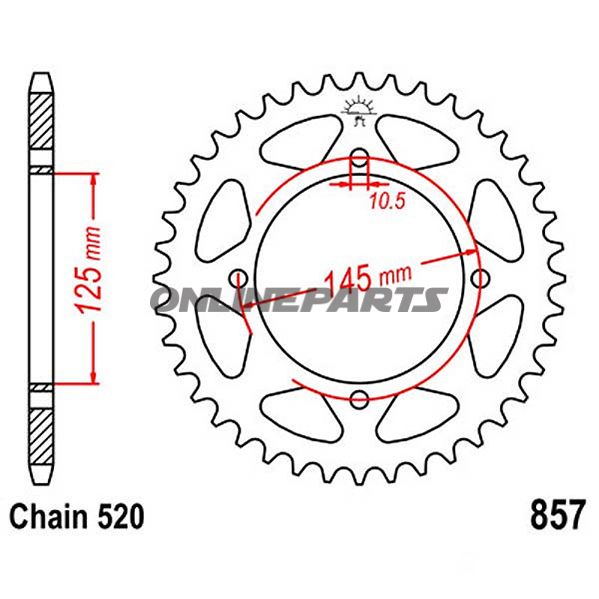 Bagtandhjul 43 T, Størrelse 520Inner Diameter 125 Bolt Spacing 145