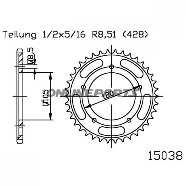 Bagtandhjul 60 T, Størrelse 428Inner Diameter 105 Bolt Spacing 120