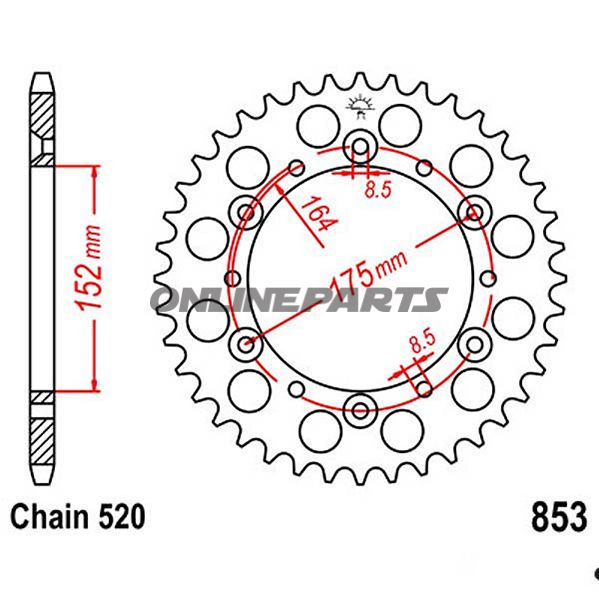 Bagtandhjul 51 T, Størrelse 520Inner Diameter 152 Bolt Spacing 175