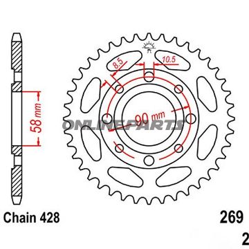 Rear Sprocket 44 Tooth Pitch 428Inner Diameter 58 Bolt Spacing 90