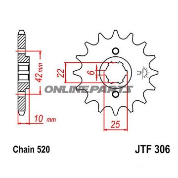 Fortandhjul 14 tænder, dele 520 groft tandet 6 indvendig diameter 22/25