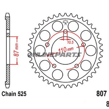 Tandhjul 42Z tænder 525 Indre diameter 087 Hulmønster 110