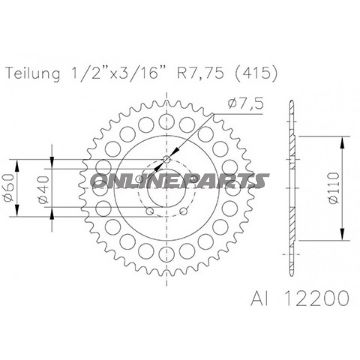 Rear Sprocket Alu 44 Tooth Pitch 415 Silveresjot Inner Diameter 040 Bolt Spacing 060