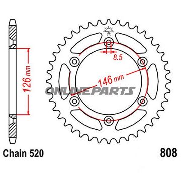 Bagtandhjul 47 T, Størrelse 520Inner Diameter 126 Bolt Spacing 146
