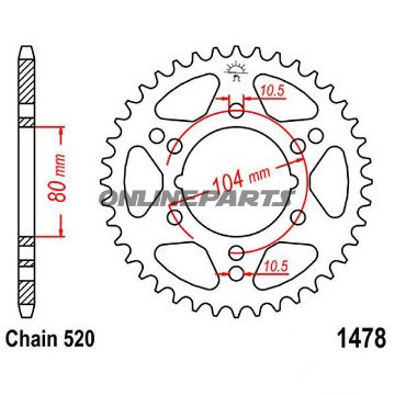 Rear Sprocket 40 Tooth Pitch 520Inner Diameter 80 Bolt Spacing 104
