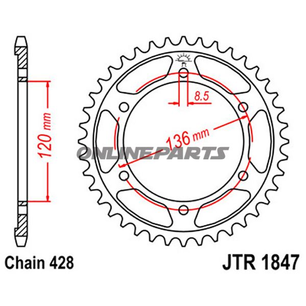 Tandhjul 57Z tænder 428 indre diameter 120 hulcirkel 136