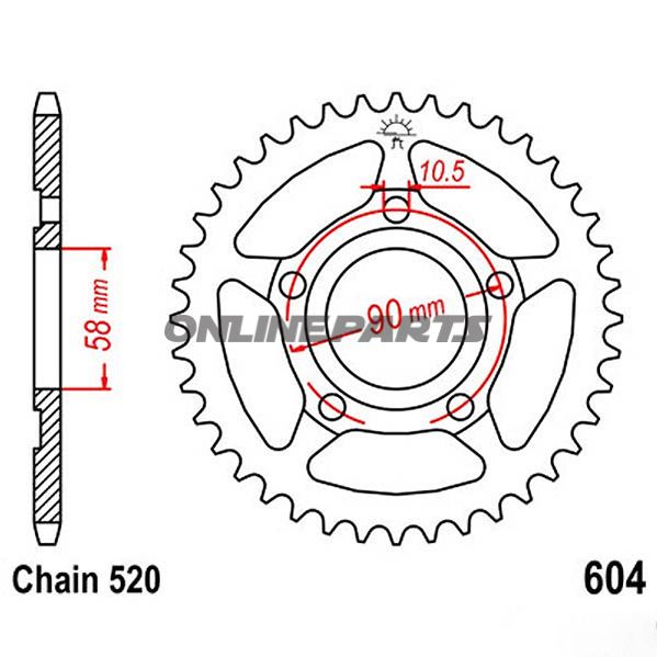 Tandhjul 44Z tænder 520 indvendig diameter 058 hulmønster 090 til Honda NSR 125 R