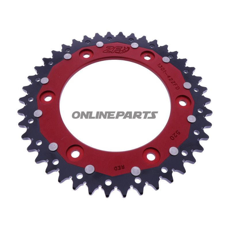 BAGESTE TANDHJUL DOBBELT 42 TAND PITCH 520 RØD ZF INDVENDIG DIAMETER XXX BOLTAFSTAND XXX