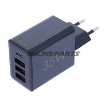 Batterioplader Hama 230 V med 4 USB-porte, QC 3.0, 3 A og 35 W